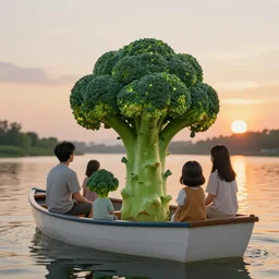 people with broccoli hair on a boat on the river, sunset scene, fantasy style, 4 k, octan render, ultrarealistic