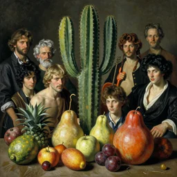 a still life of fruit and cactus in the style of wayne barlowe, gustav moreau, peter mohrbacher, bussiere, roberto ferri, santiago caruso, luis ricardo falero, austin osman spare, boris vallejo, hajime sorayama, frazetta