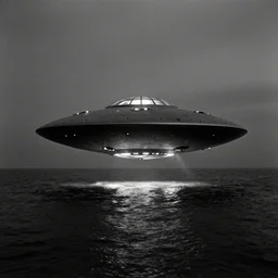 dark photo of an ufo above the ocean, black and white, 1 9 2 0's, pictorialism