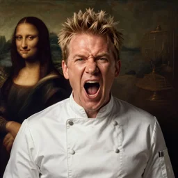 A medium close-up of Gordon Ramsay yelling in a chef uniform, painted by Leonardo da Vinci