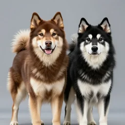 two finnish lapphunds, one brown tan domino one black white markings, pointy ears, fanart ornate fantasy silent hill cover style official behance hd artstation by jesper ejsing, by rhads, makoto shinkai and lois van baarle, ilya kuvshinov, rossdraws pastel vibrant