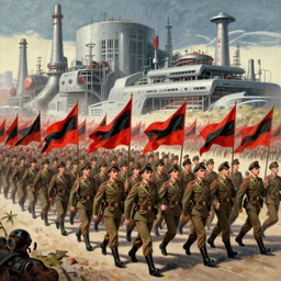 army parade glorious march, futuristic alternate timeline, anarcho - communist hordes, red and black flags, modernist factories in background, art by max ernst, cnt spanish civil war era propaganda, extremely detailed, 4 k