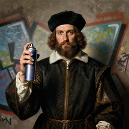 a renaissance portrait of the king of graffiti holding the holy spraycan, confident face expression, symmetrical composition, chiaroscuro, caravaggio, rembrant, trending on artstation, matte painting,