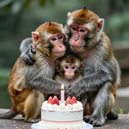 an older monkey hugging his younger sister, birthday, cake, hyper realistic