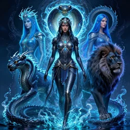 tribal cosmic water queen, ancient power, black mamba, water dragon, blue widow, black lioness, plasma halo, intricate artwork by artgerm, greg rutkowski, and kilian eng, symmetrical!!! digital illustration, hyper detailed!!!, super sharp, crisp, smooth, vibrant colors!!! smooth gradients!!!! depth of field, aperture f 1. 2