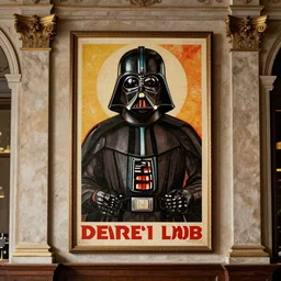 a poster with dart vader and his name is shown on the wall of an old baroque bar in the style of a 1 9 7 8 italian renaissance