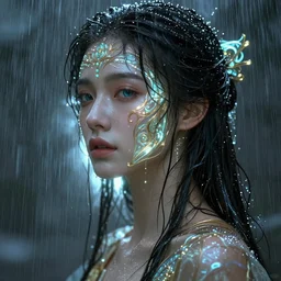 bright aesthetic portrait LSD glowing backlit rain on face and wet hair, cyberpunk, overhead lighting, fantasy, intricate, elegant, dramatic lighting, highly detailed, lifelike, photorealistic, digital painting, artstation, illustration, concept art, smooth, sharp focus, art by John Collier and Albert Aublet and Krenz Cushart and Artem Demura and Alphonse Mucha