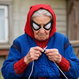 stunning photograph of ( ( granny spiderman ) ) in rural russia, knitting, babushka, closeup, aperture 1. 2, red blue, fighting crime