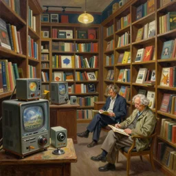 cozy bookstore. vantablack cloth technology, vintage shapes, retro technology, happy colors dariusz zawadzki, tim hildebrandt, wayne barlow, bruce pennington, larry elmore, oil on canvas, deep depth field, masterpiece, cinematic composition. dramatic zoom, hyperdetailed, hd, hdr