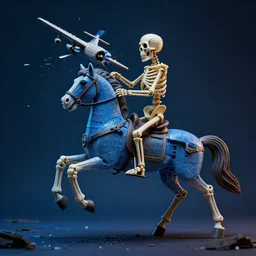 a scuplture of a skeleton riding a horse made from plastic toys, model aeroplane crashing into it, haunted, in the style of dali, plastic, blue, hyperdetailed, ultra realistic, octane render, 8 k, cinematic, atmospheric lighting, dark volumetric lighting