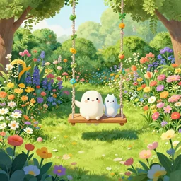 a wild and wonderful garden, full of flowers and strange creatures, as seen from a swing hanging from a tree. art styles : renaissance, romanticism. artists : william blake, leonardo da vinci.
