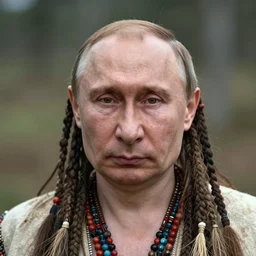 a portrait photograph of Vladimir Putin as a tribal shaman from the stone age, centered face, highly symmetric, DSLR photography