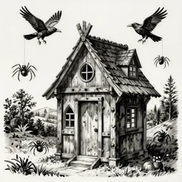 gothic wooden hut with ravens and spiders, Ink, By Albrecht Durer