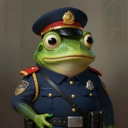 pepe the frog posing as a highly decorated police officer, portrait, intricate, sad, highly detailed, digital painting, artstation, concept art, wallpaper, smooth, sharp focus, illustration, art by artgerm and greg rutkowski and alphonse mucha