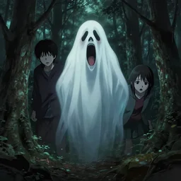 in the style of junji ito, artgerm, shinsui ito, transparent ghost screaming, in the woods, moody lighting