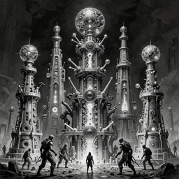 b & w inks of 1 1 character, tiered flayed god machines, cluster tiered heirarchy, battle chaos, mainframe hydrocracking battles, medical chromed bubbling, dystopian, by wayne d barlowe, h r giger, simon bisley & alex nino, enric torres, hyper realism, narrative light, muted colors, epic, hyper detailed, awe inspiring, award