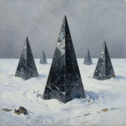oil painting of several obsidian black pyramids floating in the distance snowstorm vhs footage