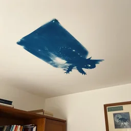 a cyanotype of a strange creature crawling on the ceiling of a living room