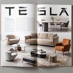 diverse furniture designed by tesla. Magazine photo, editorial style.