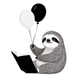 book illustration of a sloth holding balloons, book illustration, monochromatic, white background, black and white image