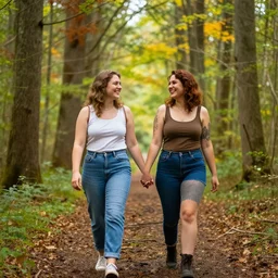 a lesbian couple holding hands being happy walking in a beautiful rainbow forest