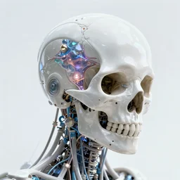 ai biomech, ethereal ultralight skull robot mechanism, quantum physics, angelic and unsettling, wires, veins, ferrofluid, bismuth, style blend of hideo kojima, shepard fairey, and botticelli, city backdrop is a blend of the vatican, neo - andean architecture and brutalism, 4 k photorealistic, ultra fine inklines