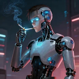 a robotic man smoking a cigarette, cyberpunk, glowing lights, detailed artwork trending on artstation by greg rutkowski