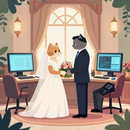an humanoid cat marries two two software engineers at the altar, ditial illustration, art station, art by artgerm, loish