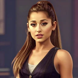 a screenshot of Ariana Grande from GTA V, portrait, fantasy, beautiful face, vivid colors, elegant, concept art, sharp focus, digital art, Hyper-realistic, 4K, Unreal Engine, Highly Detailed, HD, Dramatic Lighting, trending on Artstation
