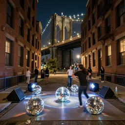 a narrow street of brooklyn at night with the floor as a disco dance floor with the brooklyn bridge on the background, high resolution, hyperrealistic, 8 k, photography