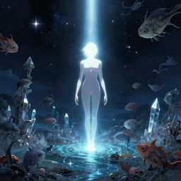 a centered render of ultradetailed anime illustration of the last human, shining its light across a tumultuous sea of stars, undersea animals and one gothic crystal river by dorothea tanning and salvador dali, trending on artstation, cyber punk, soft color, unreal engine, high detailed, 8 k