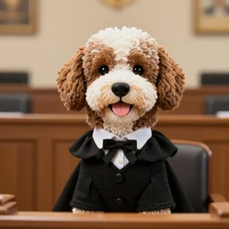 a closeup photorealistic photograph of a cute smiling knitted bernedoodle judge dog dressed in a black gown, presiding over the courthouse. indoor shot, professional capture, well lit photo. this 4 k hd image is trending on artstation, featured on behance, well - rendered, extra crisp, features intricate detail, epic composition and the style of unreal engine.