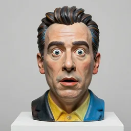 beautiful studio photograph of colorful postmodern portrait sculpture of jerry seinfeld shocked expression, beautiful symmetrical face accurate face detailed face realistic proportions, made of spray - painted polymer clay on a pedestal by ron mueck and matthew barney and greg rutkowski, hysterical realism intense cinematic lighting shocking detail 8 k