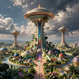 photorealistic image of a retro futurism, solarpunk, nature - core, psychedelic, by roger dean, by dean ellis