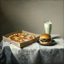 Dutch Still Life of the 1600s, old oil painting: Table with tablecloth, pizza carton with pizza slices, hamburger and a milkshake