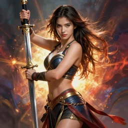 hyper realistic warrior girl with sword in her hand, full body, rule of thirds, human proportion, good anatomy, beautiful face, conceptart, saturated colors, cinematic, vallejo, frazetta, greg rutkowski