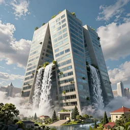 huge gargantuan angular building by escher and ricardo bofill. utopian landscape by roger dean. magical realism, surrealism, waterfalls, clouds, trending on artstation, shot from below,