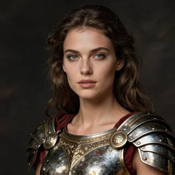 close - up portrait of beautiful model dressed gladiator with metallic armor, art paolo roversi