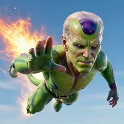 photorealistic professional digital art of a highly detailed frieza joe biden. detailed face. he flies in the sky preparing a kamehameha. octane render, clear, intricate, highly detailed, unreal engine 5.