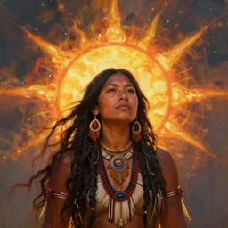 indiginous woman blending with the sun, exploding in energy, art by alex gray