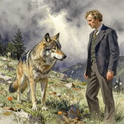herman hesse and his wolf near. watercolor with pancil by hugo pratt.