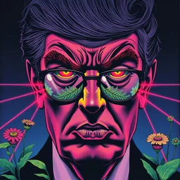 risograph grainy painting of gigantic huge evangelion - donald trump face, black colors, with huge earrings and glasses with a lot of details and lasers, covered with plants, hyper light drifter scene by moebius and dirk dzimirsky and satisho kon, close - up wide portrait