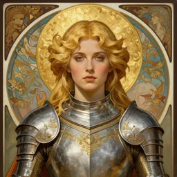 masterpiece head-on symmetrical centered painted portrait, Elisha Cuthbert as a warrior paladin, blonde hair, golden halo, ornate iron armour, Mucha art nouveau style, elegant, distant, in the style of Edgar Maxence and Ross Tran and Zdzisław Beksiński and Michael Whelan and gustav dore and H.R. Giger, 8k, octane render