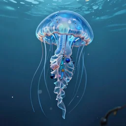 Small cyberpunk jellyfish, blue tones, underwater, 360, highly detailed, digital painting, artstation, concept art, smooth, sharp focus, illustration, art by artgerm and greg rutkowski and alphonse mucha