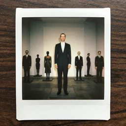 An instax still frame of The future of statues 1937 by René Magritte from Prometheus movie and Alien movie featured in Vogue and Highsnobiety editorial fashion photography, haute couture dressed by Givenchy and Salvatore Ferragamo painted by Andrea Pozzo, in porcelain and metal and lush branch