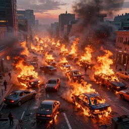 a beautiful hyperrealistic detailed 3D render of burning cars in a city riot, by Anton Otto Fischer, Atey Ghailan, genzoman, unreal engine, octane render, gigantic, 3D, brilliantly coloured, intricate, ultra wide angle, trending on artstation, embers, smoke, dust, dusk, volumetric lighting, HDR, polished, micro details, ray tracing, 8k