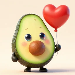 a fictional avocado with shimmering eyes and an attractive smile is holding a red helium balloon in the shape of a heart