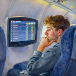airplane watching worried a screen with flight information. painting by moebius, monet