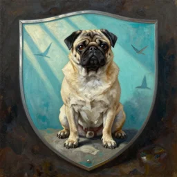muscular pug dog  sitting on a shield with backlight , sun rays , big shadows, small bird sihouettes  in cyan background , very textured detailed  panoramic oil painting by rembrandt , hard backlight , in dark cave