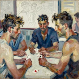 oil painting in the style of john craxton sailors. playing cards. brush marks. strong lighting. bar. seated figure hands on table. strong expressions on faces. cheekbones. aesthetics to ivon hitchins. line drawing on painting,